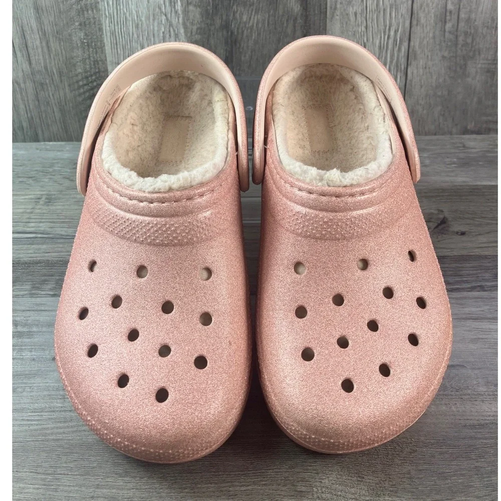 Crocs Classic Lined Clog Rose Gold Glitter Kids J1 Fuzzy Slip On Shoes